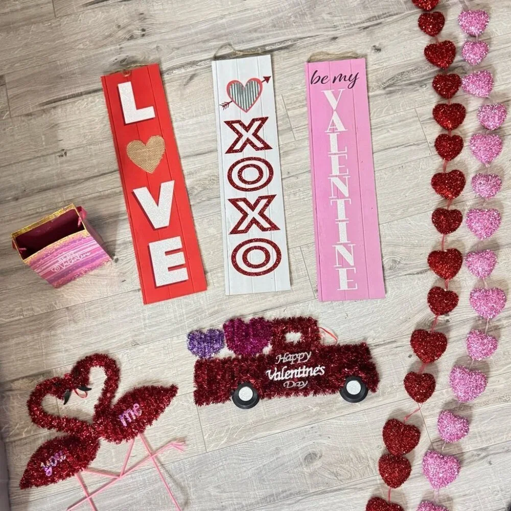8 Valentine’s Day decor bundle signs garland hearts sparkly love flamingo box